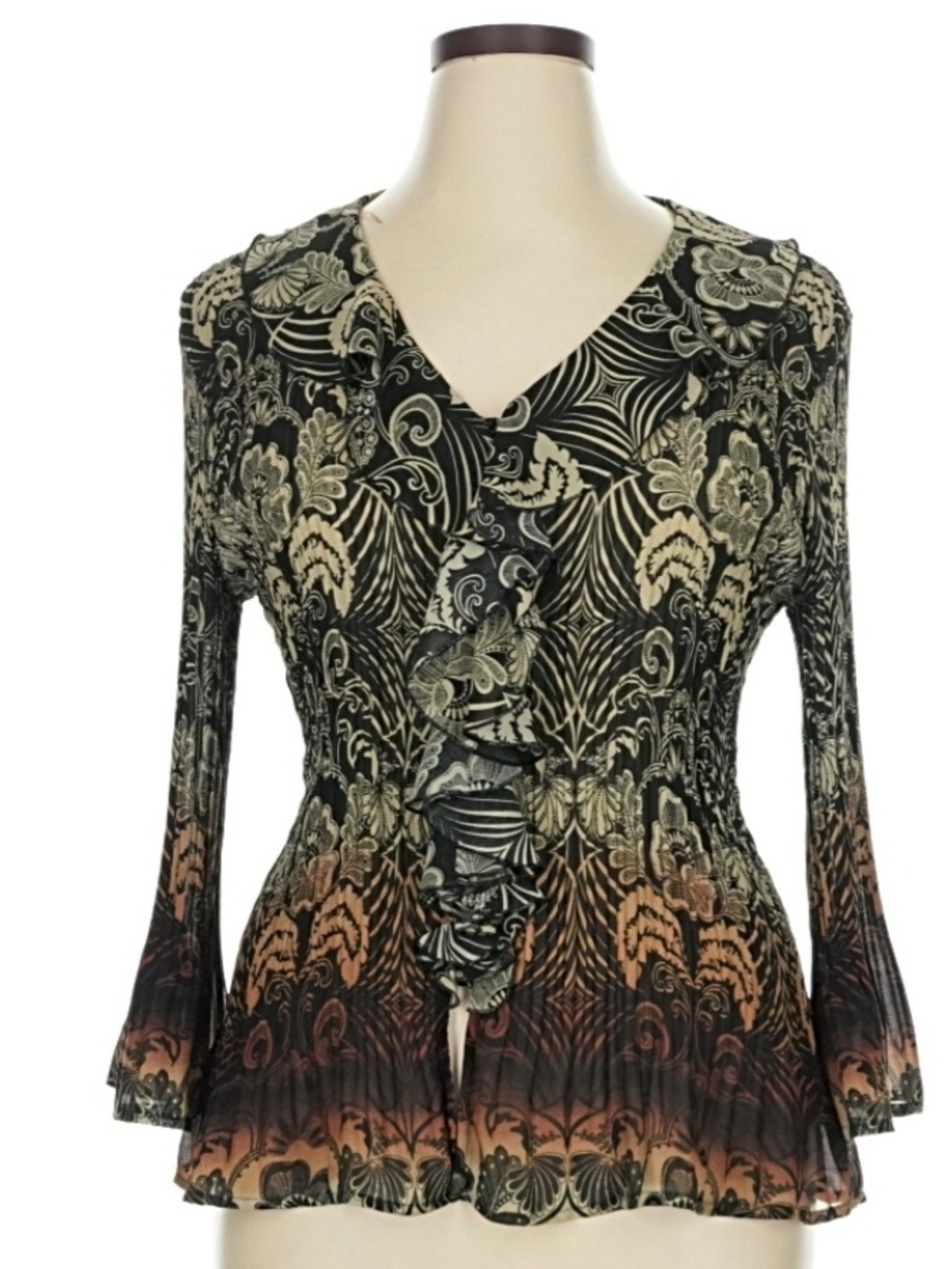 Heirloom Deluxe Ombre Ruffled/Pleated V-Neck Floral Blouse - Black & Cream/Brown